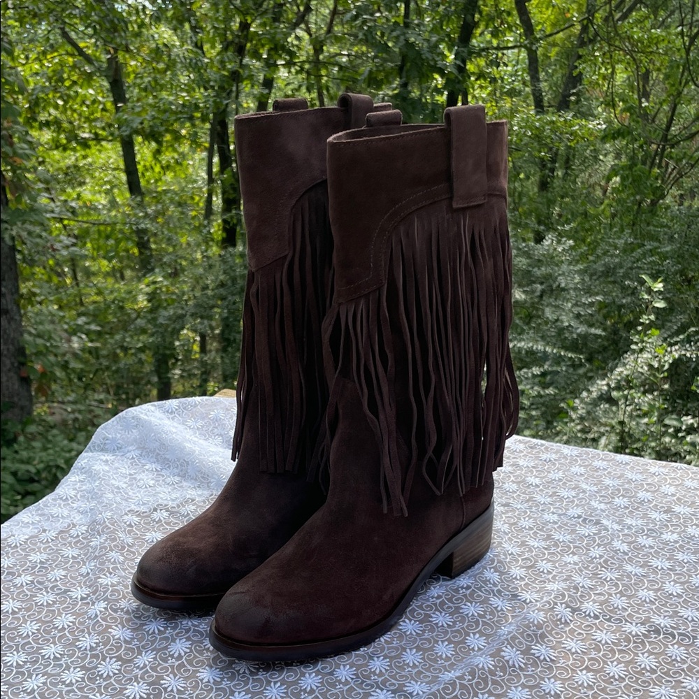 NIB LUCKY BRAND LK-CALEB TOBACCO OIL SUEDE FRINGED BOOTS Sz9